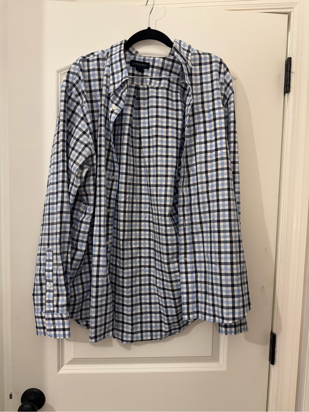 Lands' End Men's Light Blue and White Plaid Button-Down Shirt